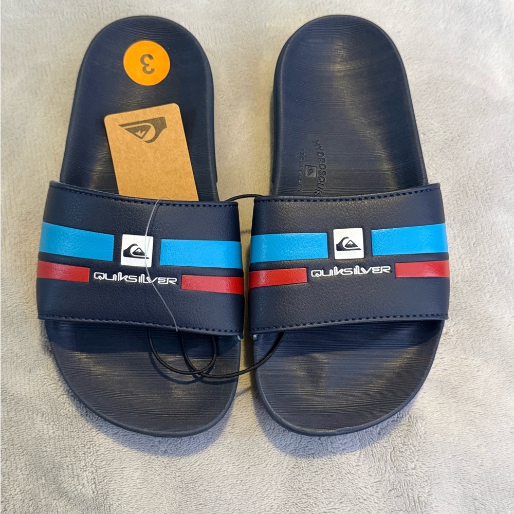 Quiksilver Navy Slides with Blue and Red Stripe Accents